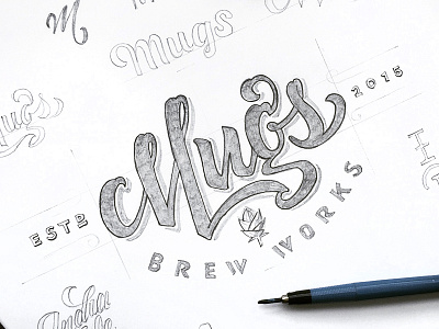 Mugs Brew Works Sketch beer brew brush pen logo mugs pencil script sketch type typography works