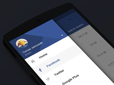 Analytics App analytics android blue design facebook material sidemenu