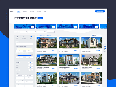 UI/UX Redesign of a catalog for the sale of 3D house models blue catalog clean corporate filters product listing simple ui white