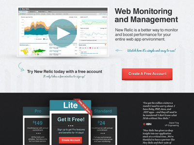 New Relic Landing Page homepage landing page mock up new relic pricing table single page web monitoring