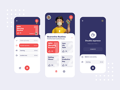Find the best routine for your day - Quarentine Routines App 3d android app cinema4d corona covid-19 design illustration interface ios mobile ui uiux