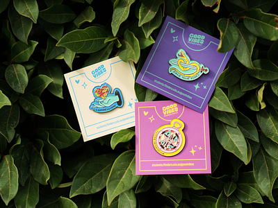 Enamel Pins | Good Vibes Experiment activity animation branding carnival collateral design fun graphic design guide health illustration logo mental health motion graphics pin playful print quirky science wellbeing
