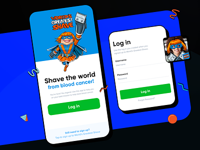 World's Greatest Shave App | Welcome and Login app app design branding charity colourful complementary design digital design flat fun fundraising interface design leukaemia foundation mango chutney mobile design phone ui user experience ux worlds greatest shave