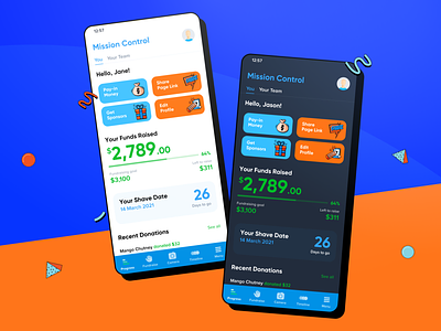 World's Greatest Shave App | Dashboard Fundraising app app design blue charity colourful darkmode dashboard flat fundraising interface design leukaemia foundation mango chutney numbers orange statistics ui user experience ux vector worlds greatest shave
