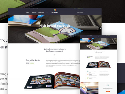 Blossom Books books content design green hero icons orange parallax purple ui web