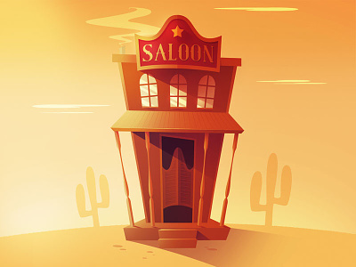 Saloon Illustration cactus cartoon desert illustration landscape lighting saloon scenery shadow simple sunset warm