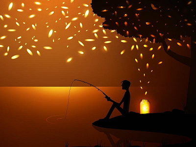 Fishing fireflies fishing flat illustration landscape lighting nature silhouette texture water
