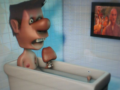 Cocker eating chicken in the bath 3d bath cartoon character chicken cocker funny humor model modelling render ugly