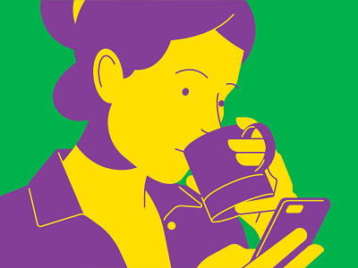 Woman with coffee browsing character coffee drinking graphic art illustration phone simple vector woman