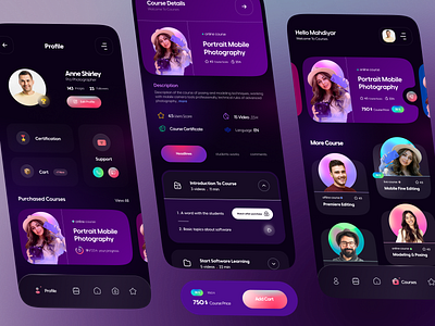 Course App Ui - Dark app banner course mobile profile ui ux