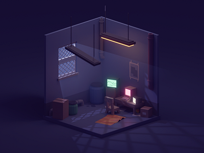 The Average Work Place b3d blender computer cute dark glowy illustration isometric low poly office warehouse