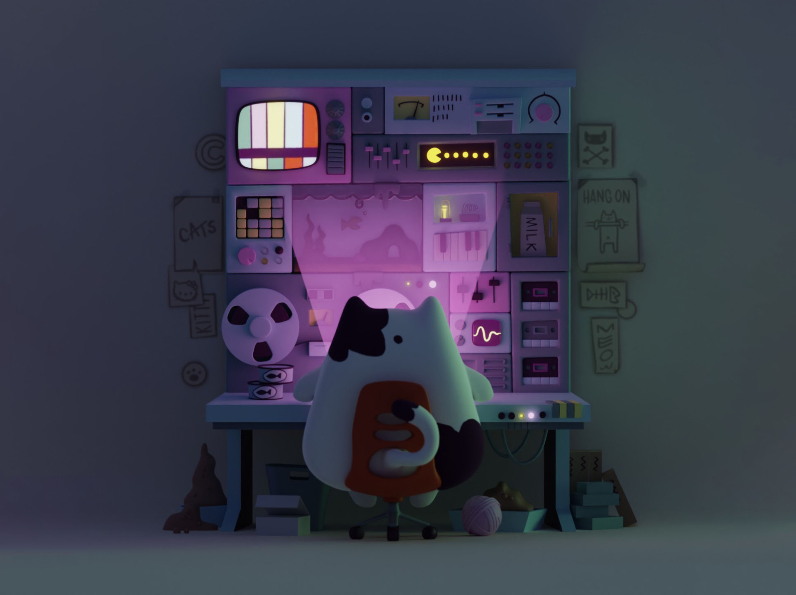 Kitty Control Station 4 3d b3d blender cycles doodle illustration kitty lighting render station