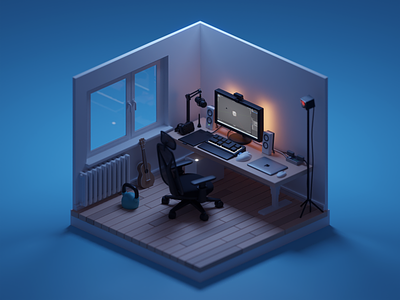 Work From Home Setup (Night) 3d b3d blender desk setup illustration isometric low poly render work from home