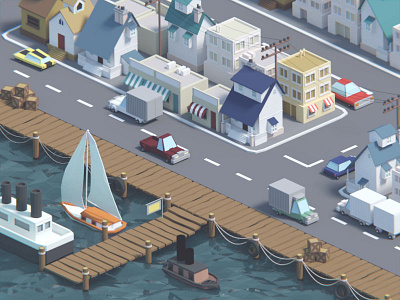 Low poly port 3d 3d modeling blender city colorful harbor isometric low poly lowpoly model port