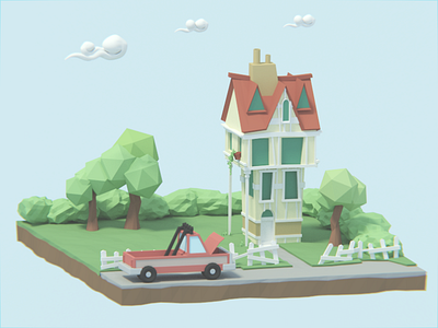 Low Poly House 3d blender cartoonish house isometric low poly lowpoly modeling pickup truck