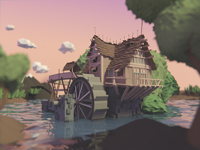 Low poly swamp 3d blender cabin cartoon cartoonish low poly lowpoly modeling sunset swamp woods