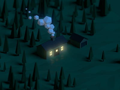 Quick night scene 3d blender cabin colorful isometric low poly practice test woods