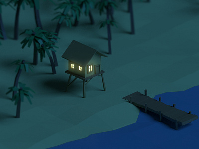 Low poly beach night 3d 3d modeling beach blender cabin isometric low poly model night shore