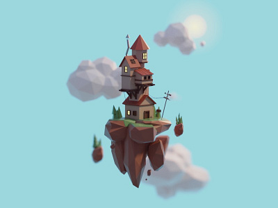 Floating house b3d blender days of poly floating flying house island isometric low poly render sky