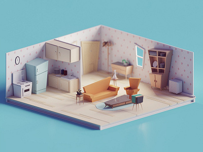 60s/70s Low poly living room b3d blender days of poly furniture home house isometric living room low poly render room