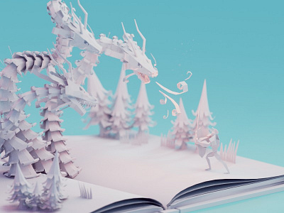 Paper story (revisit) b3d blender dragon fairytale isometric knight low poly paper render story