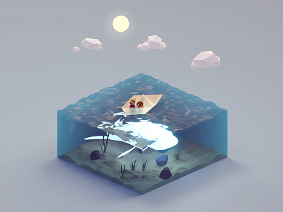 Paper boat (shaders case study) b3d blender child dog isometric kid low poly paper boat render water whale