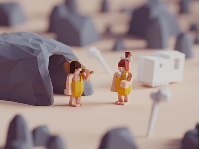 The good old days b3d blender cave caveman early man illustration isometric low poly old days render