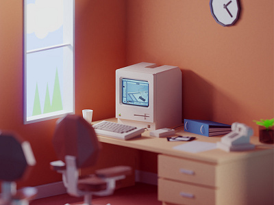 Vintage 80s office (close up) 80s 90s b3d blender illustration isometric low poly macintosh office render