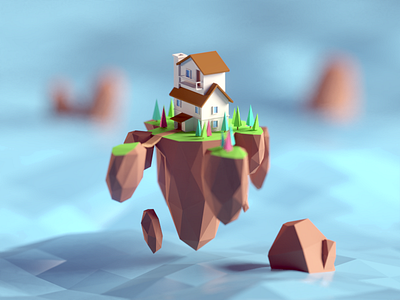 Low Poly Floating Island b3d blender floating flying house illustration island isometric low poly render
