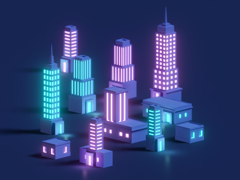 Rejected renders buildings neon cityscape city illustration b3d blender render isometric low poly