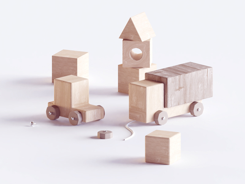 Wooden toys blocks toys wood illustration b3d blender render isometric low poly