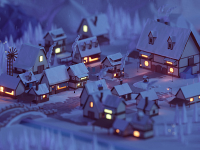 Low poly fantasy village 3d blender game glow isometric lights lowpoly render snow town village