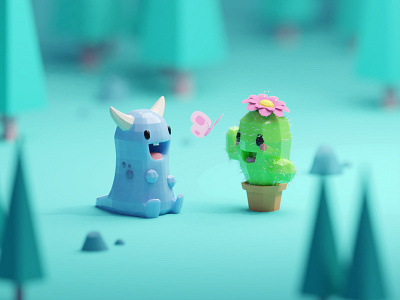 Random renders b3d blender butterfly cactus colors friends isometric lowpoly monster