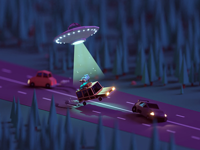 Road Trip Gone Wrong abduction aliens b3d blender game illustration isometric low poly road trip station wagon