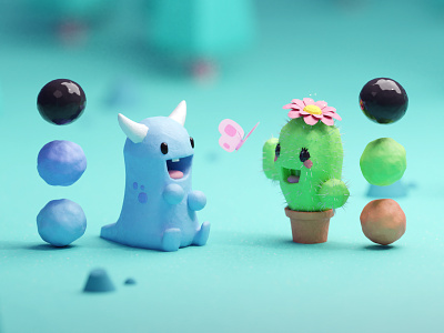They Became Friends (Clay Doh version) b3d blender clay cute illustration isometric low poly monster play doh render