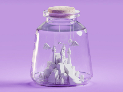 Castle in a jar b3d blender bottle castle illustration isometric jar low poly tree