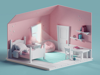 Quick room render b3d blender cute illustration isometric low poly pink red room