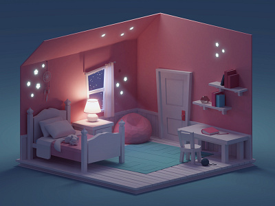 Quick Room Render (Night Version) b3d blender illustration isometric lights low poly night pink room room booking sleep stars
