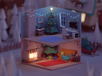 Christmas Competition 2018 (WIP) b3d blender christ christmas gifts house illustration isometric low poly lowpoly rooms santa snow xmas