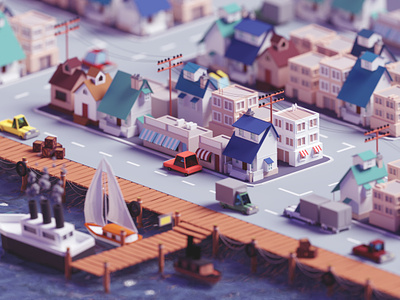 Low poly fishing village (2019 version) b3d blender city fishing isometric sea seaside village