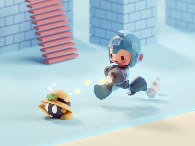 Megaman scene 2 b3d blender blender 3d capcom cute isometric low poly megaman met virus