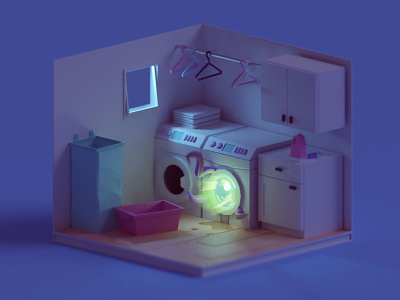 Laundry Room (Night Version) b3d blender isometric laundry low poly room washing machine