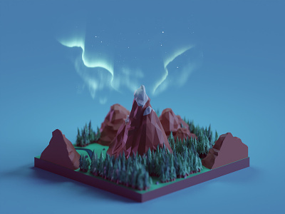 Low poly mountains + northern lights