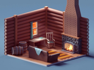 Log Cabin Interior (WIP) b3d blender fireplace illustration interior isometric log cabin lowpoly