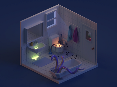 Bathroom (Dark Version) 3d b3d bathroom blender dark halloween illustraion isometric low poly monsters night