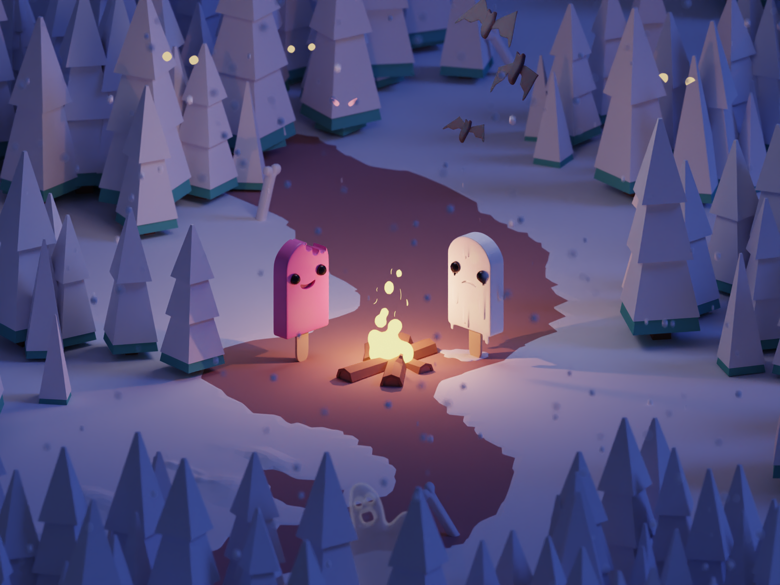Super Happy Time Death Machine b3d blender fire forest ghosts graveyard ice cream illustration isometric