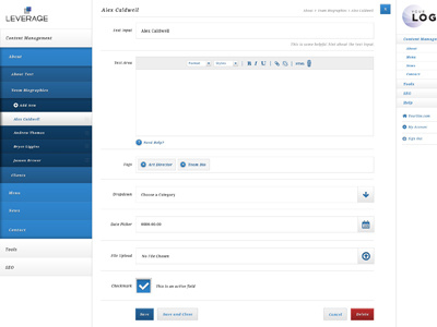 Leverage Content Management System blue checkbox cms content date design dropdown file fluid input leverage management photoshop picker responsive system ui upload web wysiwyg