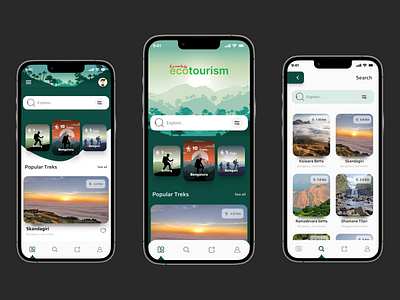 Trekking App design app design eco tourism hiking app home screen ios karnataka ecotourism main screen search product search screen trekking app