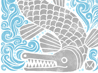 Pejelagarto blockprint fish gar illustration waves
