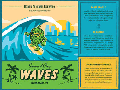 Second City Waves beer beer label hop illustration packaging palm tree surf